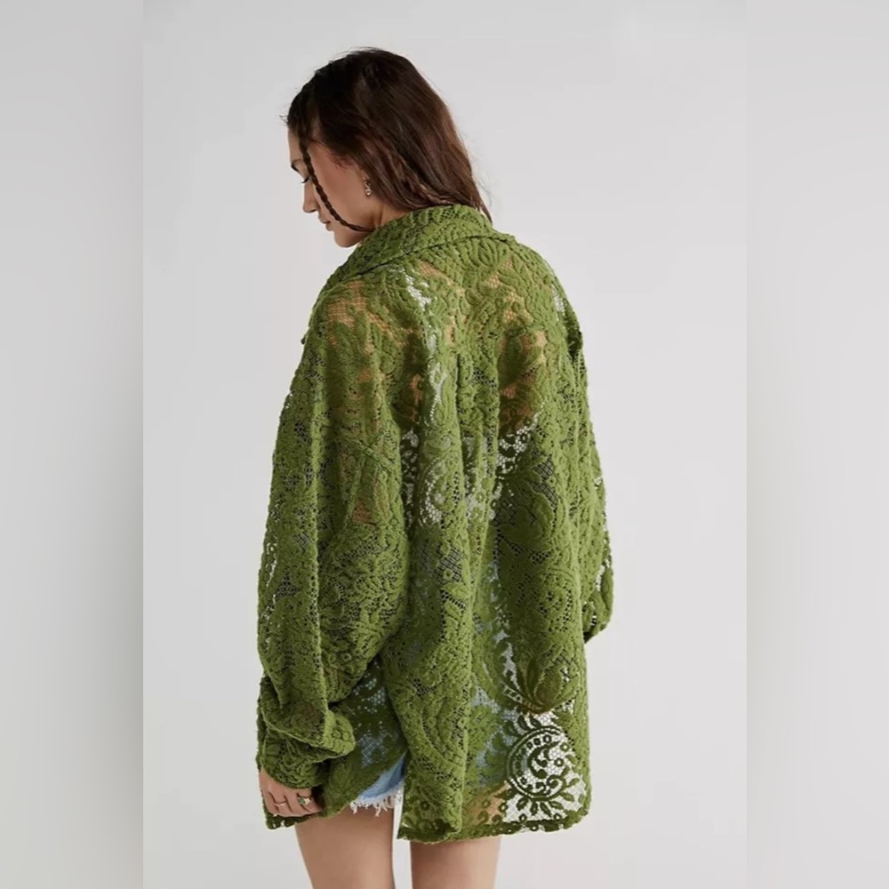 Free People Olive Green Crochet Openwork Cardigan